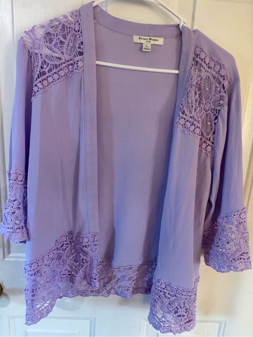 Studio Works Lilac Lace-Trim Open Kimono